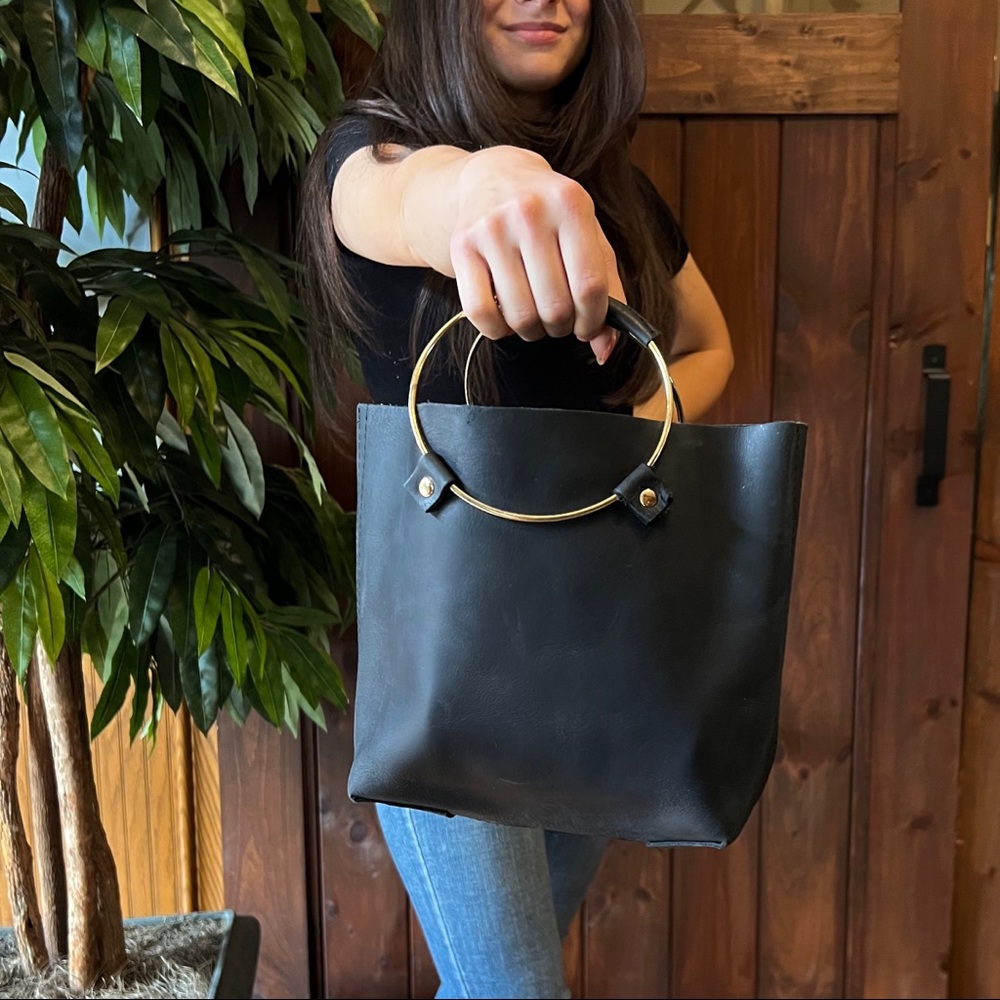 Tribe Alive Lux Genuine Leather Unique Brass Circle Handle Hand Bag Bucket Bag
